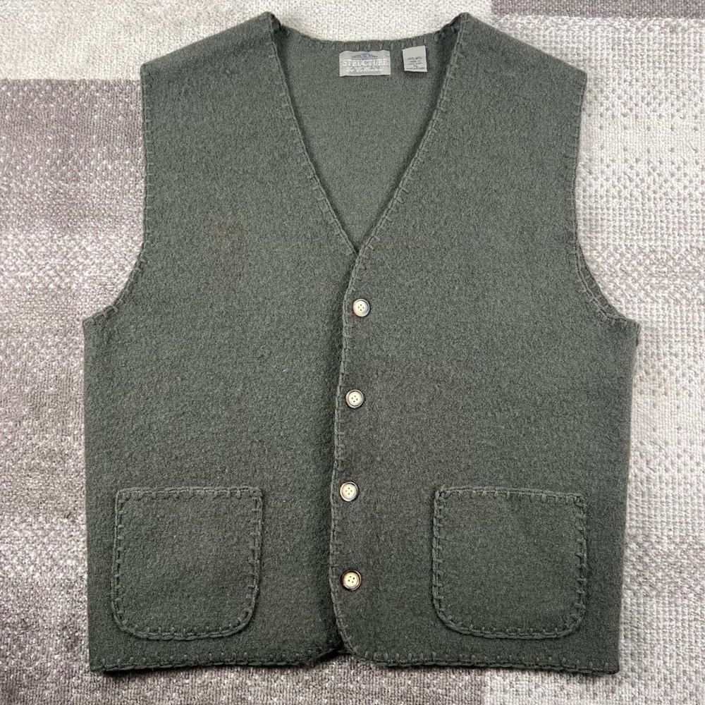 Structure Vintage 100% Wool Vest Mens XL Green Button Up Blanket Stitch Pocket